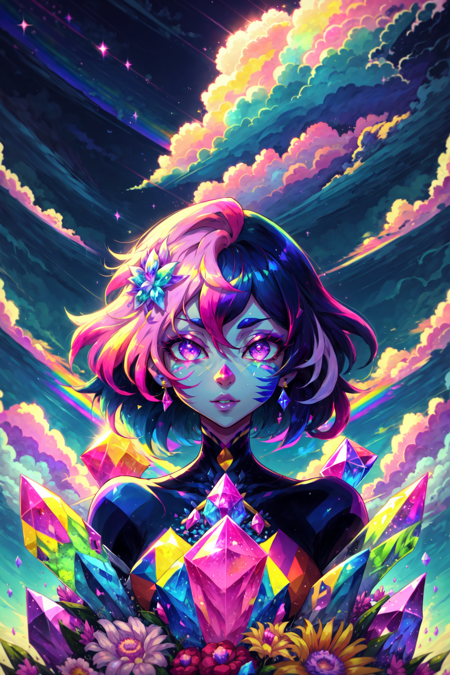 <lora:Su_Inspo:0.8> 1girl, rainbow hair, sunshine, birds, cloud, colored skin, crystal, short hair, purple skin, facepaint, hair flower, lips,  multicolored hair, pink hair, blue and yellow theme, outdoors, solo, upper body, Steven Universe