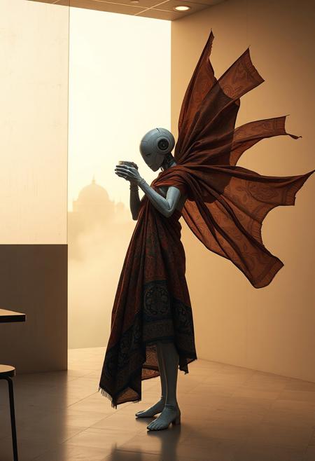 A futuristic café where an android barista, with rough, painterly textures on their synthetic skin, carefully brews tea under warm, golden lights.
, A conceptual urban narrative scene where a single figure stands in a stripped-down, neutral-toned environment, contrasted by a vivid explosion of ornate, patterned fabrics wrapped around their body and extending into the air like suspended motion. The environment is stark, almost unfinished, with abstract wall textures and distant silhouettes of nature or architecture fading into mist. The fabrics carry cultural symbolism, combining intricate patterns reminiscent of royal textiles with the energy of contemporary street art. The figure’s pose is elegant and introspective, while subtle hints of surreal distortion—floating shadows, semi-transparent fragments, or disjointed reflections—add a dreamlike undertone. The lighting is soft, cinematic, and directional, emphasizing contrasts between emptiness and ornamentation, history and modernity, silence and cultural expression.