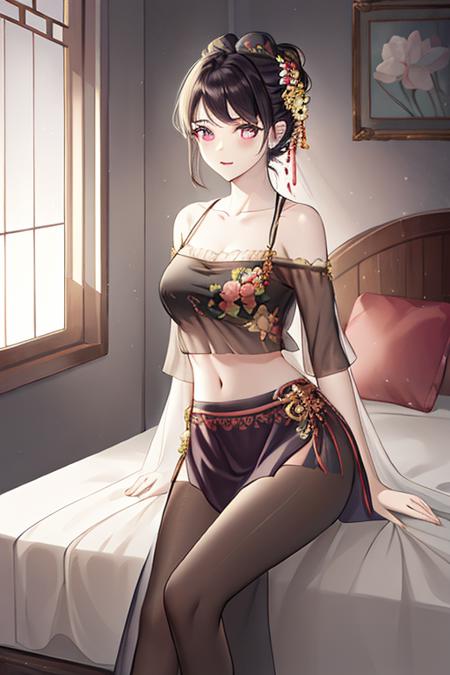  <lora:diaodai_v0.5-mix:1>diaodai,diaodai,crop top,navel, midriff,see-through, camisole,collarbone, bare shoulders,indoors, bedroom