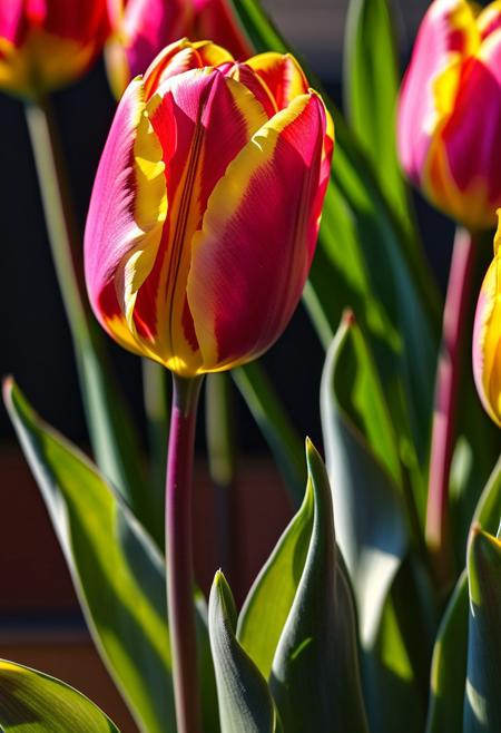 macro photo, close-up, masterpiece, 4k, ray tracing, intricate details, highly detailed, hyper realistic, 8k RAW editorial photo.
red, pink, yellow, blue, white tulips,lit by the sun, dramatic light, shallow depth of field,
