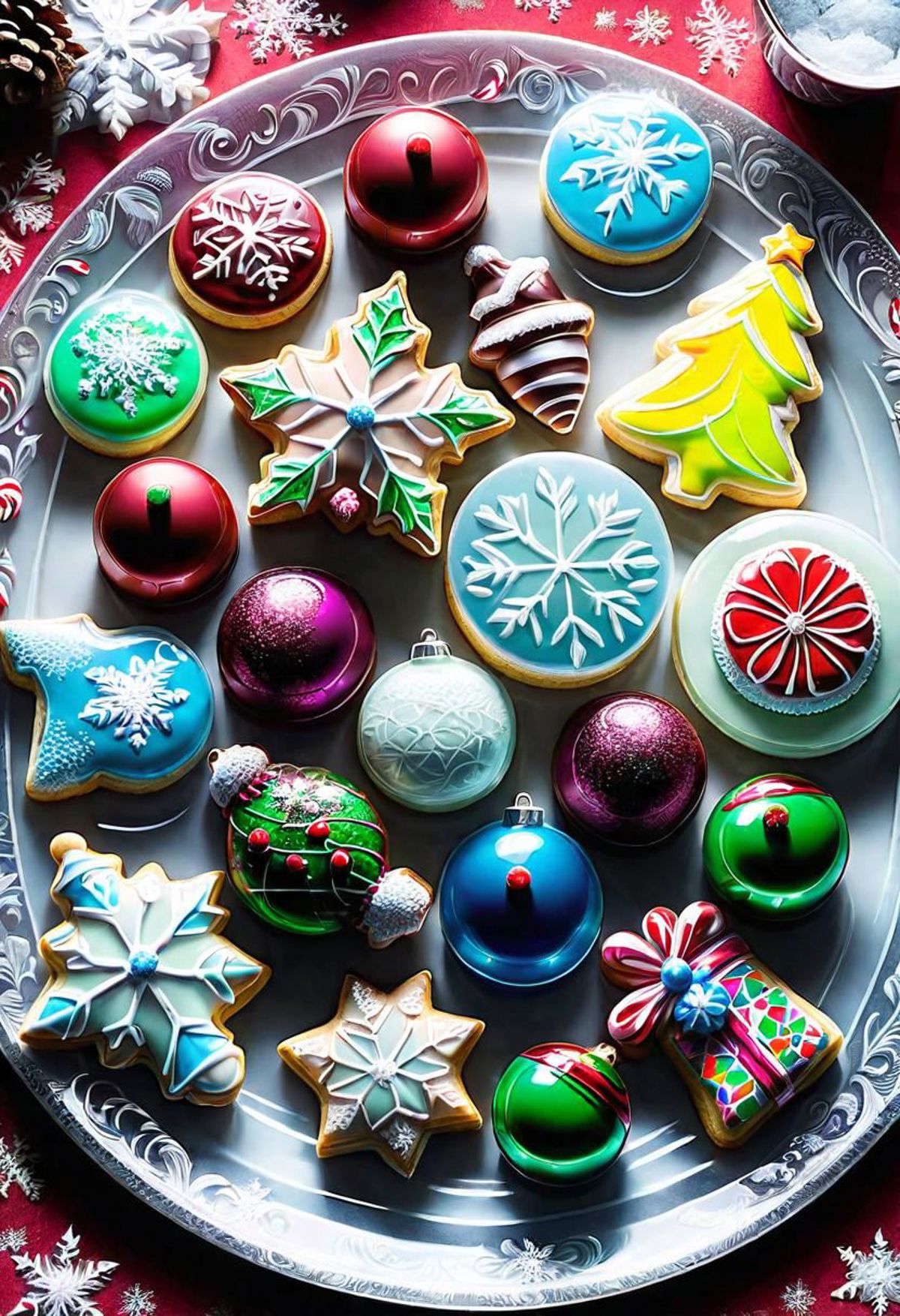 Christmas Cookie Decorations: A Plate of Decorated Cookies in the Shape of Ornaments
