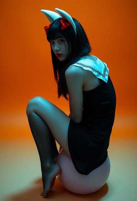 (Soft Lighting Photography by Mimoza Veliu and Mario Giacomelli:1.2), NSFW, Japanese college girl wearing white cat ears, long eyelashes, long black bob, face obscured by hair, bare feet, feet to viewer, white ears with red bow, sexy black dress with white collar, black and white striped stockings, breast exposed, sitting on a bouncy ball with her leg, white grunge, in profile, side view, surrealism, fashion illustration, orange background, avant-garde, vivid colors, filigree, photorealistic rendering, moody chiaroscuro lighting. sexy, dynamic poses,looking at viewer,