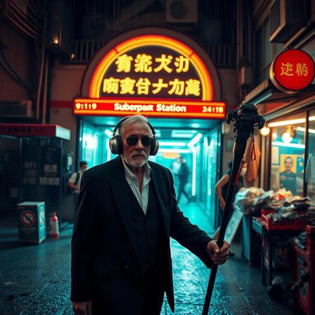 score_9, score_8_up, score_7_up, CYBERPUNK STYLE, night, outside a futuristic entrance subway station, stores with neon lights, dirt trash homless, street, people selling on streets, a futuristic shaman old man 80 years latinMAN  DARK skin freckles old short using a classic 50s black suit sunglasses modern futuristic big  headphones hearing music holding a staff with cds and electric parts walking stooped with difficulty AFTER RAIN PLACE