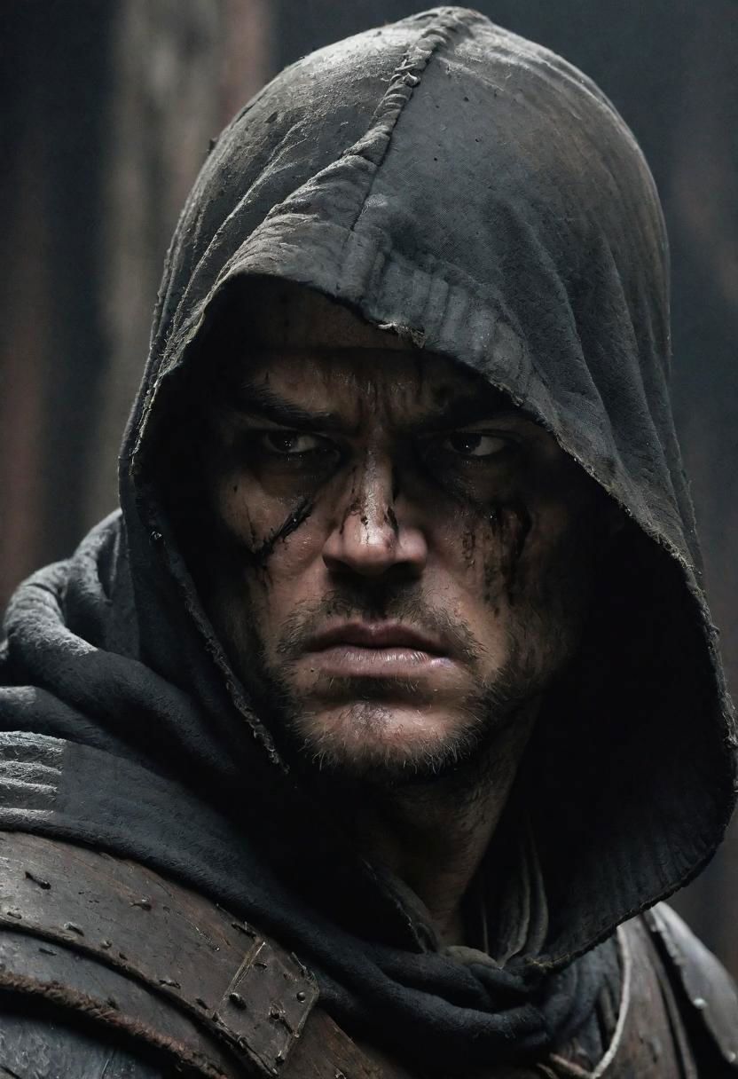 robin hood, strong build, dark cinematic, brooding feel, menacing quality, grim and eerie, side angle, style of Guy Denning