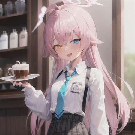 masterpiece, best quality, highres, 1girl, hoshino, white shirt, necktie, black gloves, fang, collared shirt, fingerless gloves, halo,  plaid skirt, blue necktie, heterochromia, coffee shop, <lora:blue_archive_hoshino-v1:0.7>