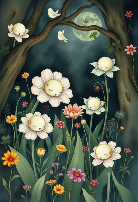 A hidden garden where the flowers resemble tiny, sleeping animal faces
,
whimsical yet surreal illustration, soft watercolor naturalism blended with eerie dreamlike symbolism, anthropomorphic animals in mysterious landscapes, delicate fine brushwork with hidden unsettling details, nostalgic storybook atmosphere with quiet surreal undertones, transformation and metamorphosis themes