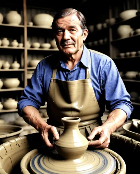 Potter and the rotating potter's wheel in Pottery studio