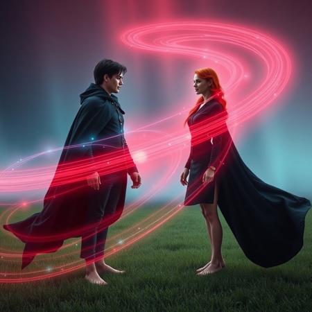 an ethereal and glowing representation of an royal dark haired masculine with perfect hands and dark hair, and a elegant red headed woman both wearing dark capes, standing barefoot in the grass. They are facing each other. They are both emitting a vibrant electromagnetic field resembling Earth's magnetic field, characterized by sweeping aurora-like arcs and lines that curve outward from the head and wrapping around to the feet of the figure. Use shades of red, blue to mimic Earth's aurora borealis, with a subtle shimmering effect to enhance the dynamism of the magnetic field. The overall tone should feel both scientific and artistic, blending realism with an otherworldly aesthetic.