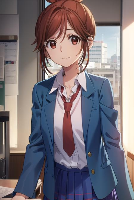 natsukienomoto, <lora:natsuki enomoto movie-lora-nochekaiser:1>,
natsuki enomoto, short hair, brown hair, (brown eyes:1.5), hair bun, single hair bun, (swept bangs:1.5), smile,
BREAK skirt, school uniform, jacket, pleated skirt, necktie, blazer, blue blazer, shirt, white shirt, collared shirt, red necktie, blue skirt,
BREAK indoors, classroom,
BREAK looking at viewer, (cowboy shot:1.5),
BREAK <lyco:GoodHands-beta2:1>, (masterpiece:1.2), best quality, high resolution, unity 8k wallpaper, (illustration:0.8), (beautiful detailed eyes:1.6), extremely detailed face, perfect lighting, extremely detailed CG, (perfect hands, perfect anatomy),