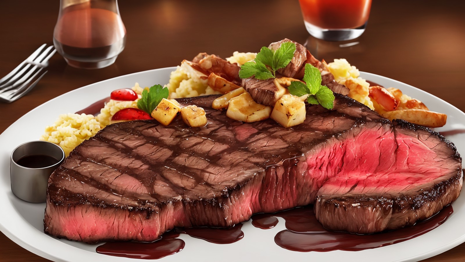 digital illustration of an amazing steak dinner with dessert, no_human