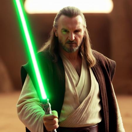 cinematic film still of  <lora:Qui-Gon Jinn:1.2>
Qui-Gon Jinn a man with long hair holding a green light saber in star wars universe, shallow depth of field, vignette, highly detailed, high budget, bokeh, cinemascope, moody, epic, gorgeous, film grain, grainy