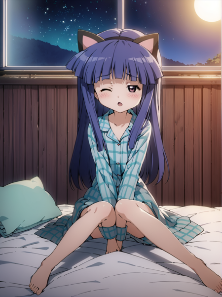 masterpiece,best quality,highest quality,best anatomy,<lora:0r0P00W0n0j0O0kqLSDXL_LoHA:1>,1girl,furude rika,barefoot,solo,open mouth,animal ears,sitting,long hair,(one eye closed:1.1),cat ears,pillow,bed,on bed,looking at viewer,indoors,white hair,multicolored hair,feet,blush,animal ear fluff,toes,moon,star (symbol),long sleeves,bare legs,knees together feet apart,star (sky),pajamas,hair ornament,sky,bangs,blue hair,