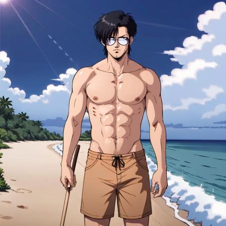 masterpiece,high quality,solo,
<lora:koichiroota001:0.7>,
koichiroota,1man,
short hair,black hair,bangs,hair over one eye,v-shaped eyebrows,
sunglasses,
cane,stick,
shirtless,shorts,beach,ocean,sunshine,