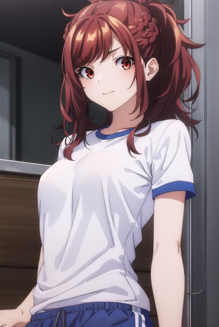 kaedekazama, <lora:kaede kazama s1-lora-nochekaiser:1>,
kaede kazama, long hair, bangs, (red eyes:1.3), ponytail, braid, sidelocks, red hair, smile,
BREAK (white shirt:1.5), short sleeves, shorts, gym uniform, blue shorts, gym shirt,
BREAK indoors, classroom,
BREAK looking at viewer, (cowboy shot:1.5),
BREAK <lyco:GoodHands-beta2:1>, (masterpiece:1.2), best quality, high resolution, unity 8k wallpaper, (illustration:0.8), (beautiful detailed eyes:1.6), extremely detailed face, perfect lighting, extremely detailed CG, (perfect hands, perfect anatomy),