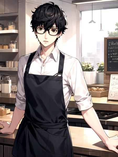 masterpiece, best quality, 1boy, solo, male focus, dsren, black hair, short hair, black eyes, glasses, collared shirt, apron, pants, standing, cafe, counter, detailed background
 <lyco:dsjoker-v2_lc_768:1> <lyco:p5-anime_style_lc:0.65>