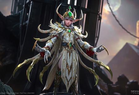 Discover a mystical, powerful elf, standing proudly against a dark Nightmare's Steelcage. Dressed in white with golden and red accents, the elf's head dons a large green gem. With multiple arms and legs, the intricately patterned body exudes both functionality and artistry. The 4K, highly detailed is ready for action. This breathtaking, concept art embodies vibrant colors, dynamic action pose, and captivating lighting. Experience an epic, colorful environment with sharp lines, inspired by artists like Alphonse Mucha, Wlop, and Greg Rutkowski. This masterpiece, rendered with Octane, is ready to trend on ArtstationHQ.