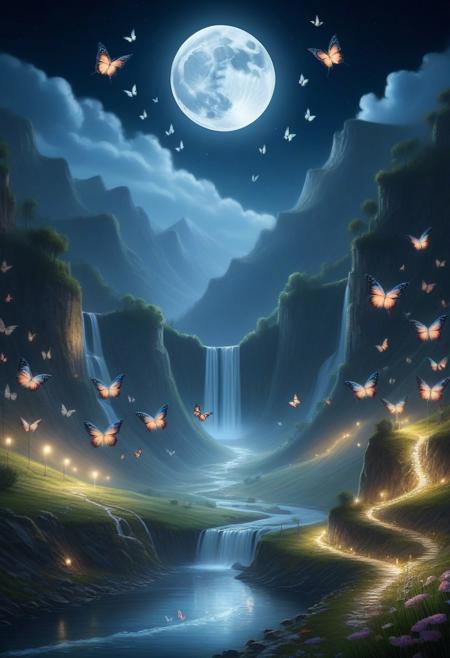 lazympos, butterflystyle, landscape, valley, mountains, river, waterfall, butterflies, night, full moon