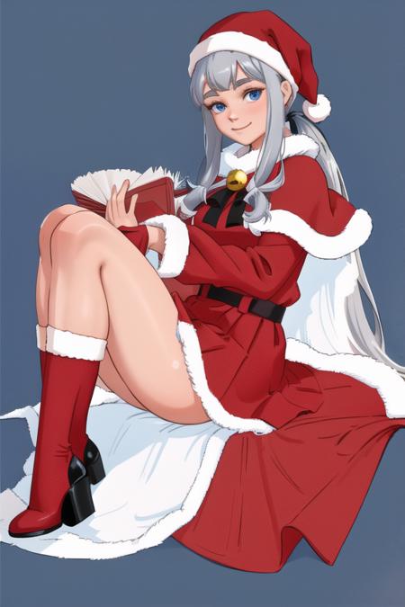 <lora:Flick:.7>, Flick, masterpiece, best quality, 1girl, solo, fur trim, panties, underwear, grey hair, red panties, hat, red footwear, socks, blue eyes, twintails, fur-trimmed sleeves, black socks, kneehighs, red headwear, high heels, looking at viewer, santa hat, skirt, sitting, black skirt, smile, long sleeves, two-tone background, capelet, white border, simple background, full body, fur-trimmed capelet, wavy hair, long hair, blue background, santa costume, pantyshot, mature female,