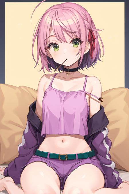 <lora:shigure:1>solo, 1girl, barefoot, sitting, looking at viewer, mouth hold, jacket, shorts, camisole, off shoulder, green eyes, bare shoulders, choker, navel, midriff, short hair, purple shorts, ribbon, open clothes, long sleeves, purple jacket, parted bangs, belt, full body, bangs, food, red choker, pink hair, crop top, open jacket, pocky, collarbone, hair ribbon, border