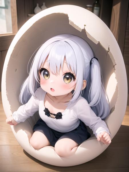 a little girl, 2 head body, chibi, giant cracked egg, head is sticking out of giant egg