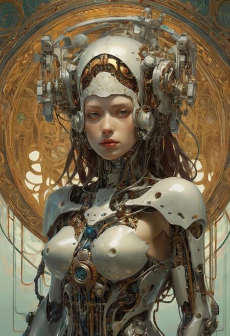 Cyborg android, fantasy, pre-raphaelite style, sinozick, Alphonse Mucha, Agostino Arrivabene, Peter Mohrbacher