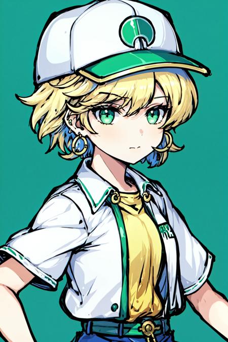 artbytokiame, (masterpiece, best quality), 1girl, aqua eyes, baseball cap, blonde hair, closed mouth, earrings, green background, hat, hoop earrings, jewelry, looking at viewer, shirt, short hair, simple background, solo, upper body, yellow shirt