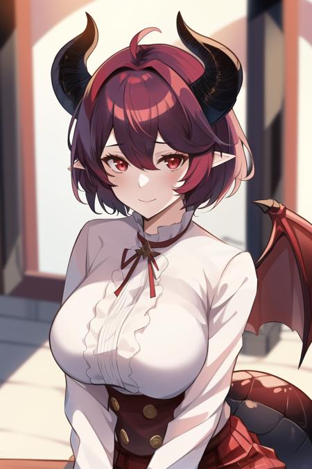 <lora:Grea:.7>, masterpiece, best quality, high quality, 1girl, dragon girl, horns, dragon horns, red eyes, pointy ears, red skirt, schoolgirl, white shirt, red dress, large breasts, wings, dragon wings, tail, dragon tail, thigh highs, dark purple hair, standing, buttons, dragon hand, short hair, bangs, buttons, smiling, indoors, grea (rage of bahamut)