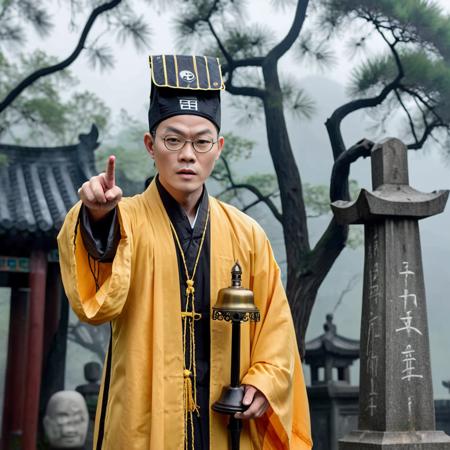 Li Lianjie (Jet Li) as a Maoshan Taoist priest in a yellow robe, standing at a gravesite, realistically portrayed. In one hand, he holds a ringing bell, traditionally used in Taoist rituals, while the other hand grips a modern microphone. The scene captures a unique blend of the ancient and the contemporary, with Li's expression conveying a mix of solemnity and charisma. The background is a misty cemetery, adding an air of mystique. The image should emphasize the realistic textures of the Taoist robe, the aged bell, and the sleek modernity of the microphone <lora:dosifuku:0.7>,   (hat),