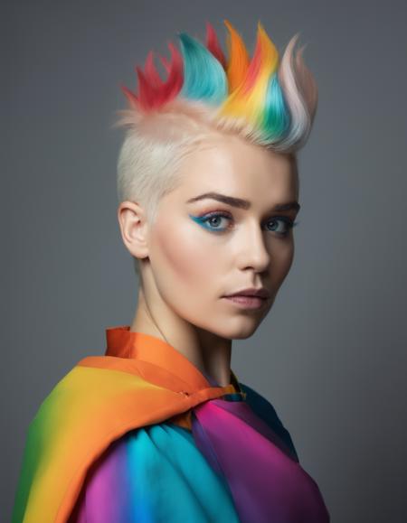 waist up portrait of (khls woman), by Flora Borsi, style by Flora Borsi, bold, bright colours, funky rainbow Mohawk haircut, ((Flora Borsi))
 <lora:KhaleesiDoguXL-000008:1>