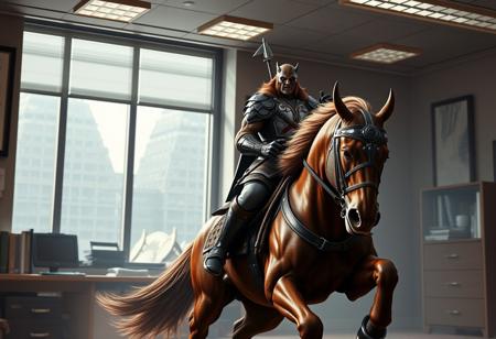 Create a hyper-realistic, high-contrast artwork of Ganondorf riding a horse, inspired by the styles of Greg Rutkowski and Larry Elmore. The scene should be set inside an office, with Ganondorf wearing a He-Man-inspired costume, riding a battle cat instead of a horse. Incorporate photorealistic details, adhering to the golden ratio and utilizing cinematic lighting. The artwork should resemble the style of Lobo and Artgerm JSC, with intricate details and smooth textures. The final image should be rendered in 8K resolution using Octane Render and Unreal Engine. Ensure the artwork is trending on ArtStation and Artforum.