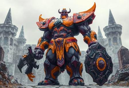 The image features a Power Giant standing proudly against a stark Crystal Fortress, exuding a vibrant mix of purple and orange with black accents. The giant's confident stance, with a firm grip on a Dragon's Gunfire and a Ultimate Shield on the other hand, suggests readiness for action. The lifelike details, sharp lines, and stunning colors, all handcrafted with precision, bring out the Power Giant's intricate features and vivid emotions. The dynamic action pose, captivating lighting, and well-timed moment add to the cinematic and harmonious composition of the 4K image.