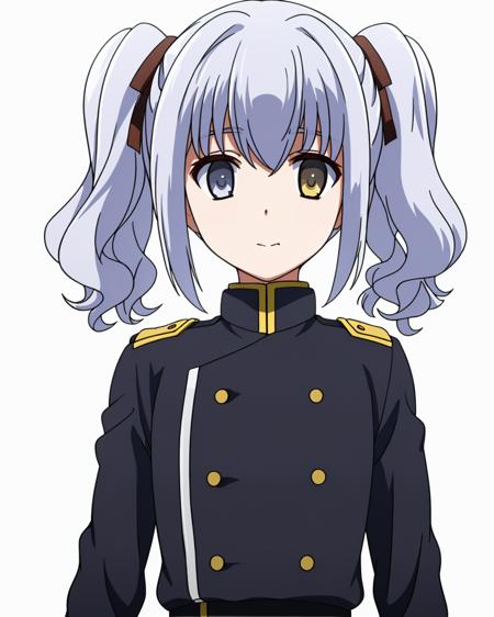 ((masterpiece)), (( best quality)), 1girl, solo, (twintails), white hair, ribbon, (grey eyes), (heterochromia), (yellow eyes), military, uniform, military uniform, buttons, looking at viewer, <lora:NephrenV2:0.7>, upper body, white background,