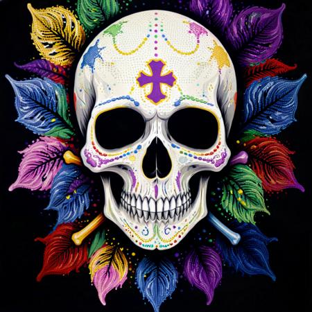 Pointillism style skull, bones, gothic, intricate details . Composed entirely of small, distinct dots of color, vibrant, highly detailed <lora:add-detail-xl:1> <lora:xl_more_art-full_v1:1>
