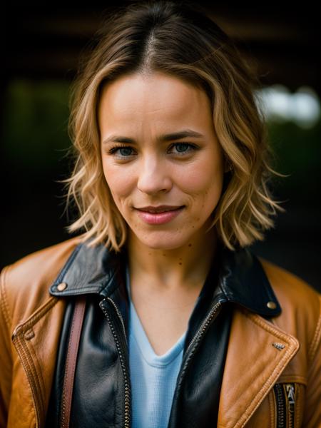 Realistic photo of a beautiful r4ch3lm-v2 woman, 1girl, solo, breasts, short hair, blue eyes, blonde hair, sitting, jacket, open clothes, teeth, mole, lips, crossed legs, mole under mouth, realistic, leather, leather jacket, soft lighting, professional Photography, Photorealistic, detailed, RAW, analog, sharp focus, 8k, HD, DSLR, high quality, Fujifilm XT3, film grain, award winning, masterpiece<lora:r4ch3lm-v2:1.0>