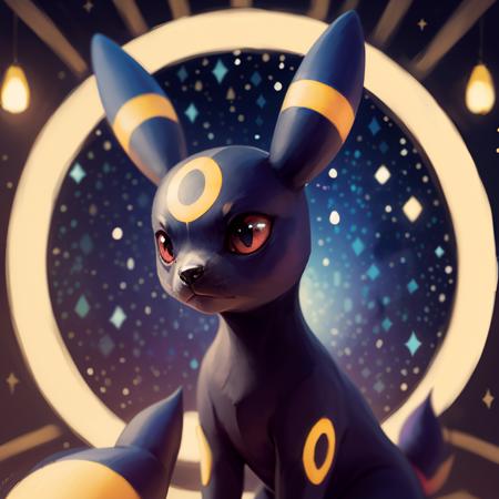 centered, award winning photo, (looking at viewer:1.2), |  Umbreon_Pokemon, |starry night, moon, blue theme, | bokeh, depth of field, cinematic composition, | <lora:Umbreon_Pokemon_AnyLora:0.8>