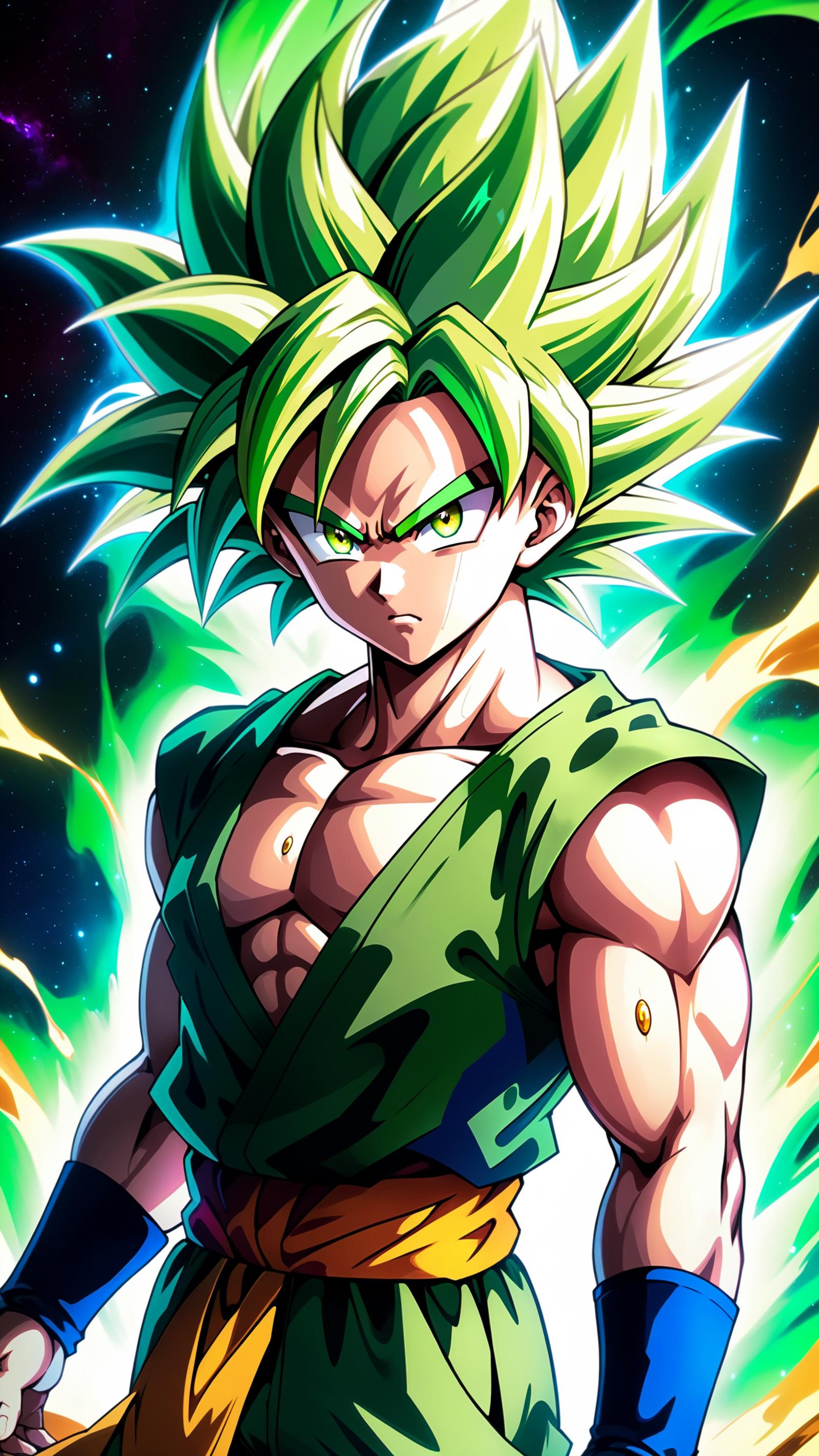 A comic book illustration of a shirtless, green-haired, muscular warrior with a green shirt and green eyes.
