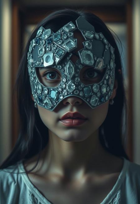 An Asian woman wears a fractured diamond mask with exposed gems and technological elements underneath, captured as a haunting photograph using a close-up shot, under the dim, focused light of an interior space, emphasizing the blend of fragility and technology and the sense of concealed emotions.