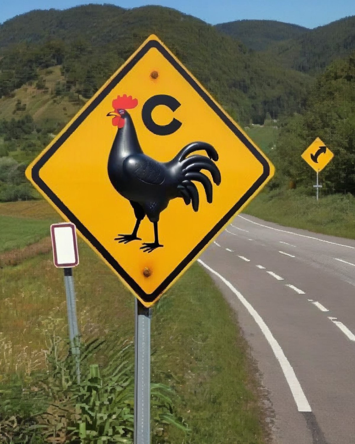 a photo of a road sign , Caution: Giant Rubber Chicken Crossing:1.5, a humorous sign suggesting the potential for encounte...