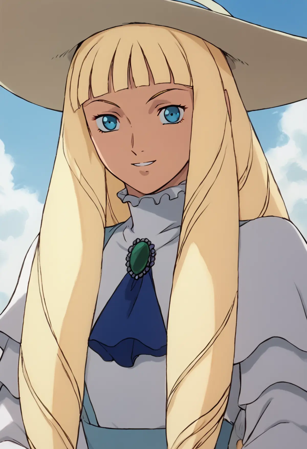 A young woman with elegantly styled long blonde hair wearing a wide-brimmed hat. She is wearing an elaborate high collared shirt embellished with a large green brooch, adding a touch of color to the character’s light-colored outfit. The backdrop is a clear blue sky dotted with fluffy white clouds.