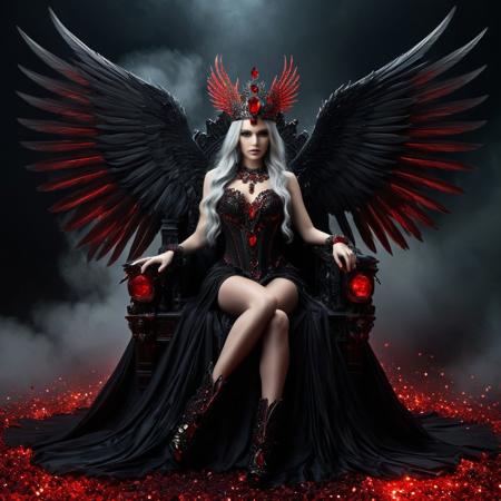 A dark fantasy digital artwork depicts a female figure seated on a 
dark throne with intricate metallic designs resembling dragon scales. The central character has long 
gray hair cascading dramatically around her. She wears an elaborate dress adorned with shiny red crystals and intricate metallic designs, 
dark feathered wings spread symmetrically behind her, 
decorated with bright red crystals and metallic elements. Each wing is composed of countless black feathers. 
The woman's head is crowned with a radiant halo of intense red crystals, 
forming a striking headdress that extends upwards. Her body is adorned with matching jewelry, 
including a prominent red crystal anklet on her left foot. The throne itself features two large skulls positioned on its armrests,
each held by one of the character's hands. The background is swirling clouds and embers, 
enhancing the eerie atmosphere. Around the throne are many scattered human skulls, drowned in darkness, 
rocky terrain, 
adding to the sinister ambiance. The scene takes place in a foggy context, 
smoky backdrop, 
contributing to the mystical yet eerie feeling. Dramatic lighting highlights the central figure while casting deep shadows. highly saturated visual effect that emphasizes the surreal and gothic aesthetic.