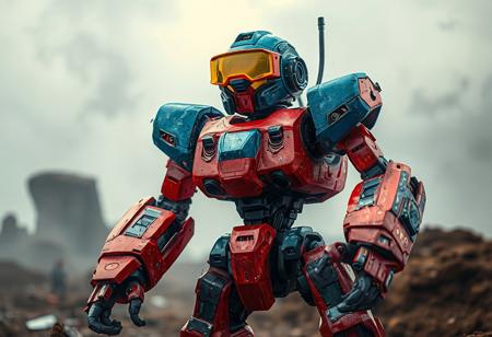 A detailed, 4K image showcases a formidable Chronomaly Mud Golem robot, a fusion of mechanical and organic elements, standing proudly against a Chaos Field backdrop. The robot, primarily red and blue, boasts a sturdy build with contrasting accents and a yellow visor on its blue head, suggesting a functional surveillance purpose. The Chronomaly Mud Golem robot's arms and legs, poised in a readiness stance, exude a sense of power, making for a striking, captivating sight with vivid colors, sharp lines, and harmonious composition. This image embodies a contemporary aesthetic, with a multi-colored palette, intentional focus, and cinematic lighting, evoking joyful impact and a powerful message.