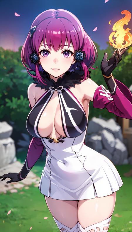 photorealistic, (4k), depth of field, (Masterpiece), (realistic skin texture), extremely detailed, intricate, hyper detailed, professional photography, bokeh, high resolution, sharp detail, best quality, woman,white dress, (black infinity wrap top), detached sleeves, purple sleeves,  purple hair, short hair, purple eyes, black gloves, bare shoulders, fur collar, pink legwear,  , crawling, large breasts, <lora:GoodHands-vanilla:0.8> , <lora:detail_slider_v4:0.8> , dynamic pose,  <lora:Babylon-000004:0.8> , mystical meadow, (twilight:1.3), iridescent flowers, (fireflies), ancient standing stones, soft evening, breeze, enchanting glow,