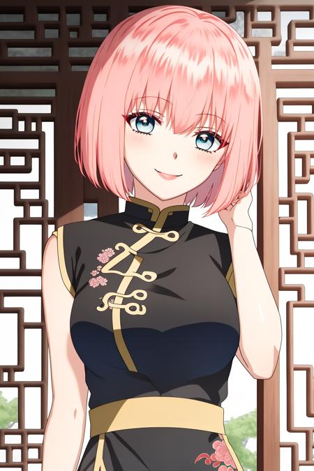 rishe, mature_female, 1girl, solo, looking_at_viewer, smile, short_hair, bangs, blue_eyes, dress, hair_between_eyes, upper_body, pink_hair, indoors, black_dress, chinese_clothes, bob_cut, china_dress