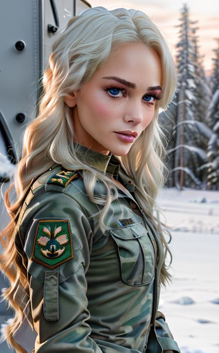 beautiful Elsa Jeans  posing as an army officer, photo referenced, highest quality, high quality, (detailed face and eyes), dusk lighting, high boots, strong makeup, industrial, outdoor snow forest background <lora:Elsa Jeans:0.9> close up