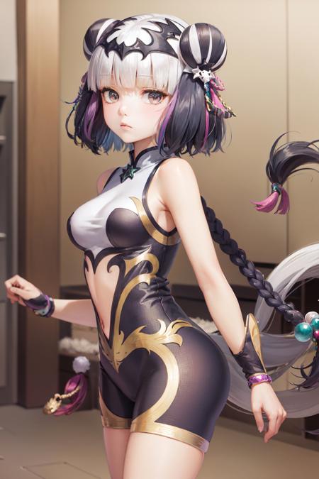 (masterpiece, best quality:1.2), <lora:pad_haku-12:1>, cowboy shot, solo, 1girl, haku, expressionless, closed mouth, looking at viewer, multicolored hair, double bun, twin braids, purple sleeveless dress, tails