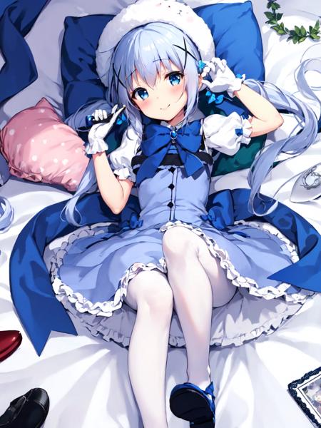 Magical Girl Chino twintails, white headwear, x hair ornament, bowtie, blue footwear, blue ribbon wand, holding spoon, oversized object, tippy_\(gochiusa\)