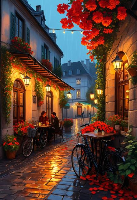 2D digitally drawn illustration, Romantic cozy evening, two people sitting at an outdoor cafe, soft warm lighting from hanging lanterns, lush overhanging red flowers and green vines, European cobblestone street, light rain with reflections on wet ground, detailed, soft shadows, vibrant colors, autumn leaves scattered, bicycle leaning against the wall, detailed textures on the building, atmospheric and intimate, black outlines