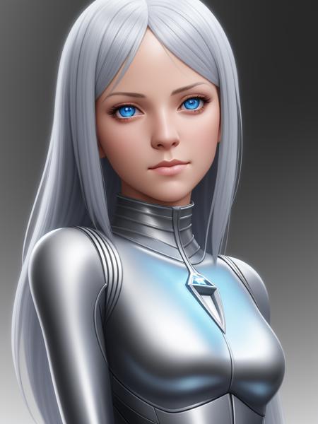 a cartoon woman in a silver suit with a blue eye and a silver nose and chest with a star on it, by Daniela Uhlig, digital art, digital, detailed, manga, portrait, anime, unreal engine, raytracing, studio quality, ultra realistic, houdini render, quixel megascans, dslr, post-processing, max detail, massive scale, soft lighting, studio lighting, character, detailed, digital, digital art, digital painting, photoshop, photorealism, photography, realistic