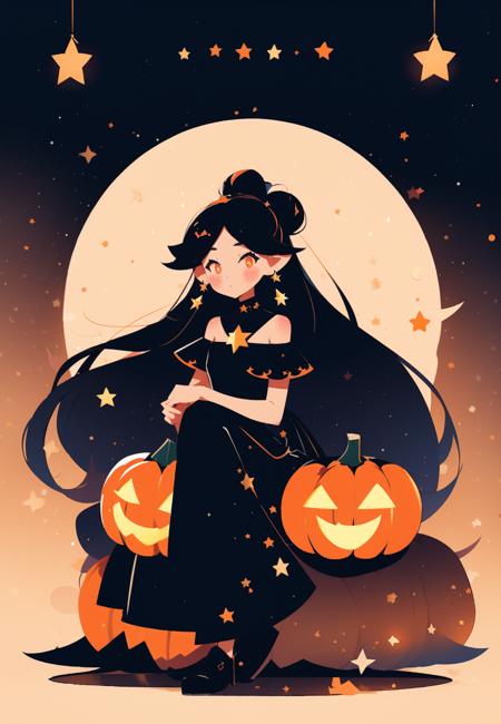 wsjbpch, 1girl, star \(symbol\), long hair, dress, jewelry, black dress, earrings, jack-o'-lantern, black footwear, pumpkin, moon, sitting, black hair, shoes, blush, crescent, glowing, very long hair, short sleeves, hair bun, knees up, single hair bun, heart<lora:MW_ä¸å£èæå¹³æç»v11:0.8>