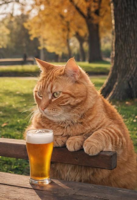 Fat ginger cat drinking beer in park, dynamic angle, warm hues, realistic, photorealism, hd, 8k, high definition, BREAK, score_9, score_8_up, score_7_up, score_6_up